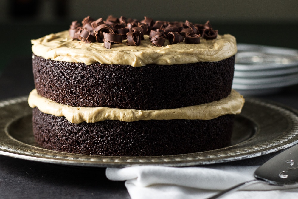 Chocolate Layer Cake with Creamy Peanut Butter Frosting on a platter