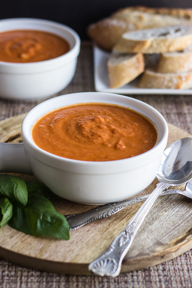 Creamy Tomato Basil Soup with Cheese Toasts