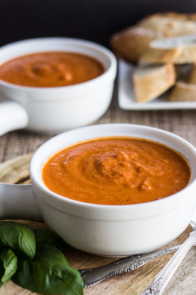 Creamy TomatoBasil Soup with Cheese Toasts