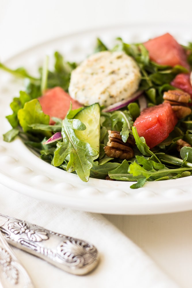 Watermelon Salad with Arugula & Baked Goat Cheese
