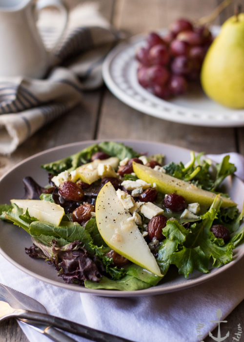 Roasted Grape Salad with Pears, Blue Cheese and Maple Dressing