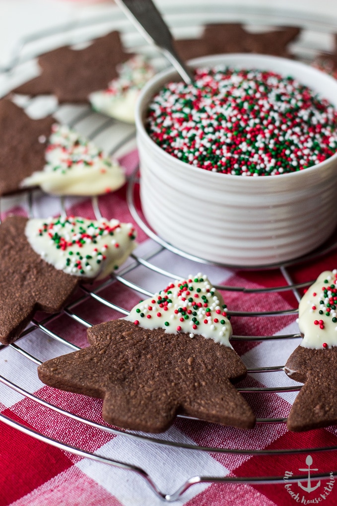 White Chocolate Dipped Chocolate Shortbread Holiday Cutout Cookies