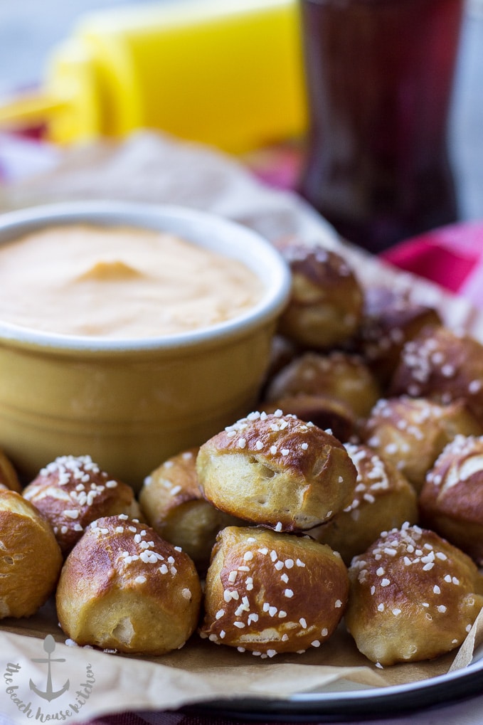 Hot Pretzel Nuggets with Cheddar Cheese Sauce