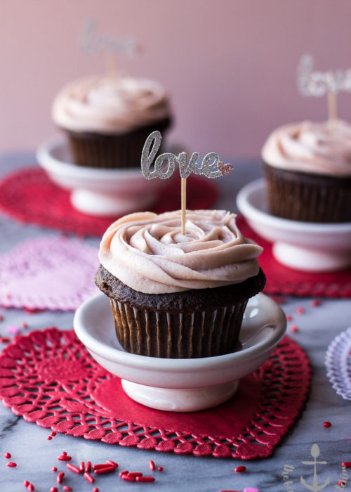 Valentine's Chocolate Cupcakes with Strawberry Buttercream Frosting-