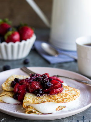 Coconut Crepes with Whipped Greek Yogurt and Berry Compote