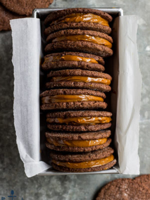 Mexican Chocolate Sandwich Cookies with Dulce de Leche Filling