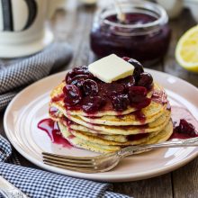Lemon Poppyseed Pancakes with Cherry Compote