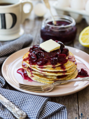 Lemon Poppyseed Pancakes with Cherry Compote