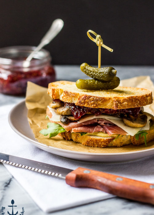 Prosciutto and Asiago Sandwich with Marsala Mushrooms and Fig Jam