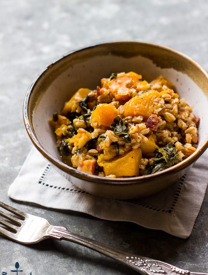 Baked Farro with Butternut Squash, Kale and Pancetta