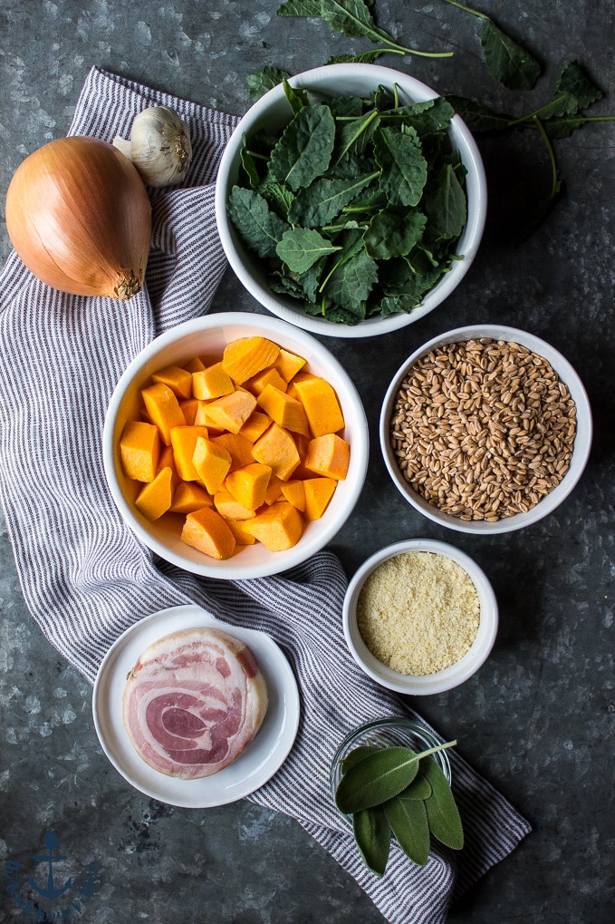 Baked Farro with Butternut Squash, Kale and Pancetta