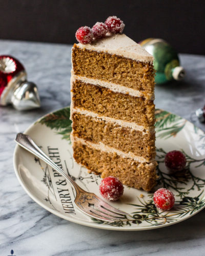 Spiced Layer Cake with Cinnamon Buttercream Frosting and Sugared Cranberries