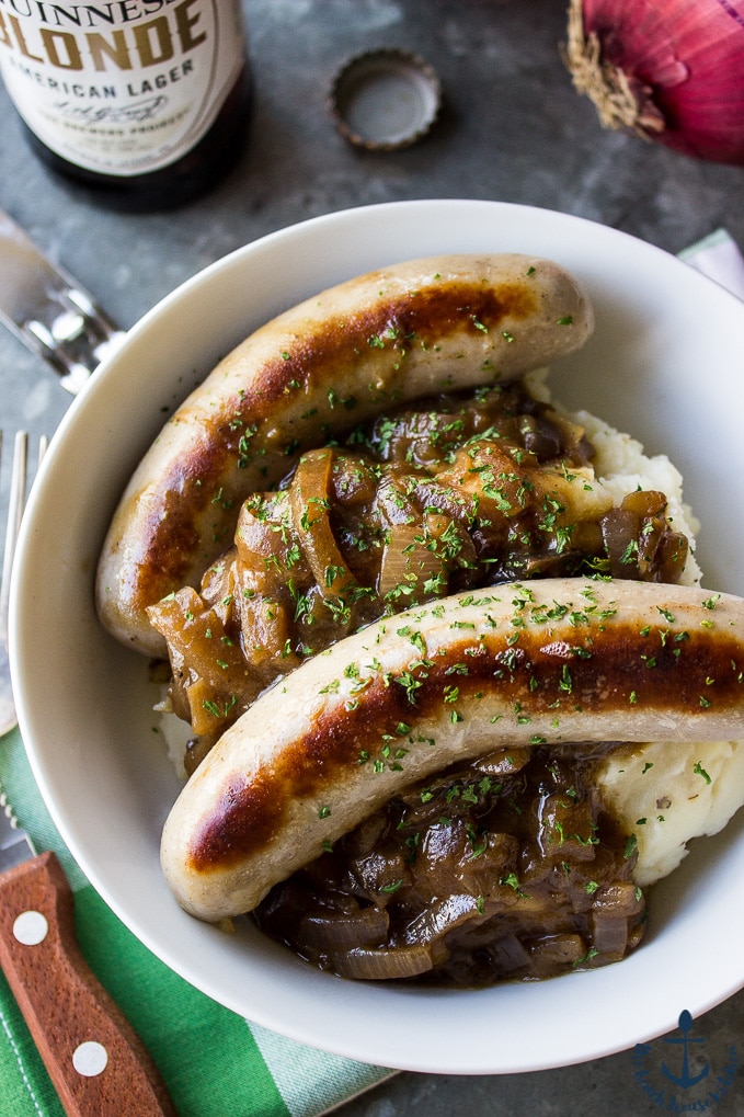 Bangers & Mash with Guinness Onion Gravy