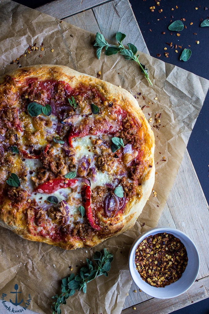 Spicy Sausage Pizza with Roasted Red Pepper and Onion