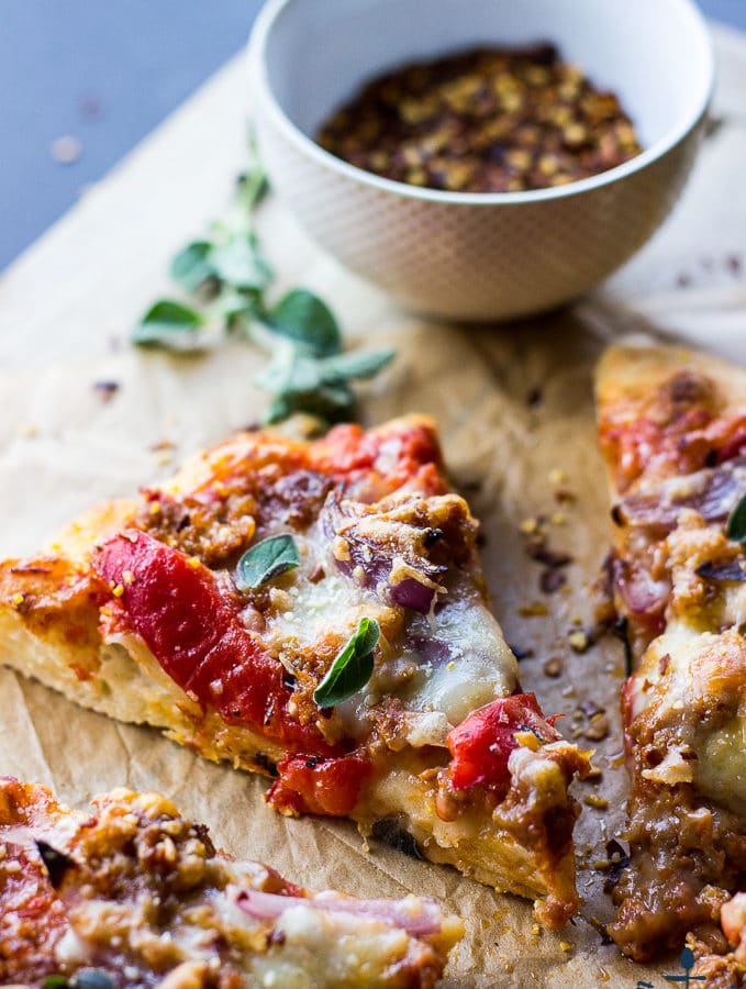 Spicy Sausage Pizza with Roasted Red Pepper and Onion