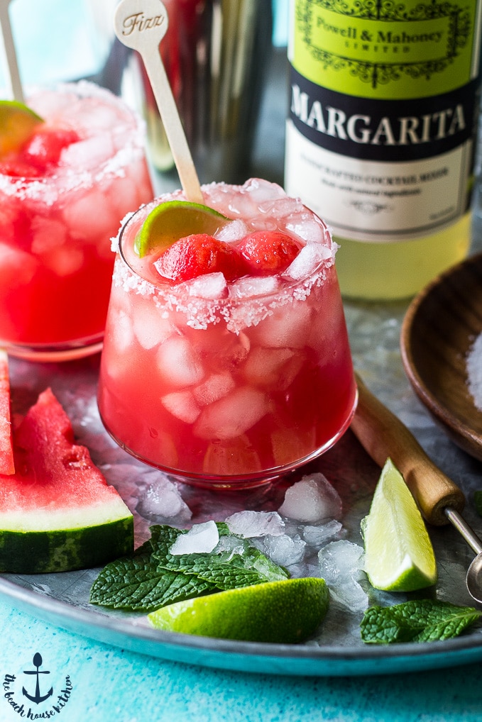 Watermelon Mint Margaritas on a silver tray