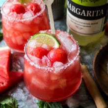 Watermelon Mint Margaritas on a tray with ice