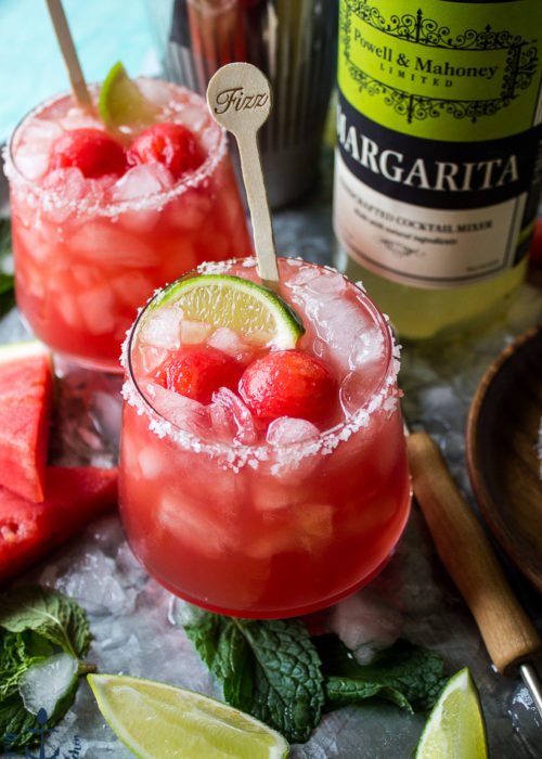 Watermelon Mint Margaritas on a tray with ice