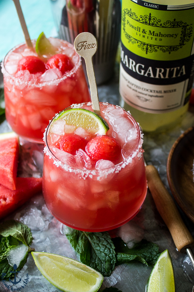 Watermelon Mint Margaritas on a silver tray