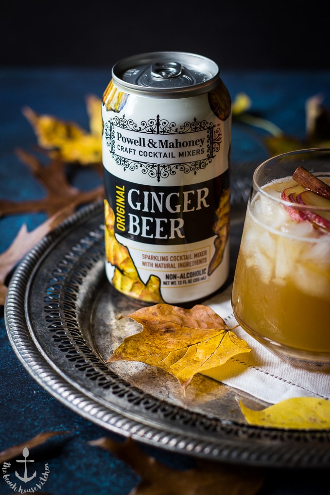 Can of ginger beer on silver tray with leaf and dark and stormy cocktail.