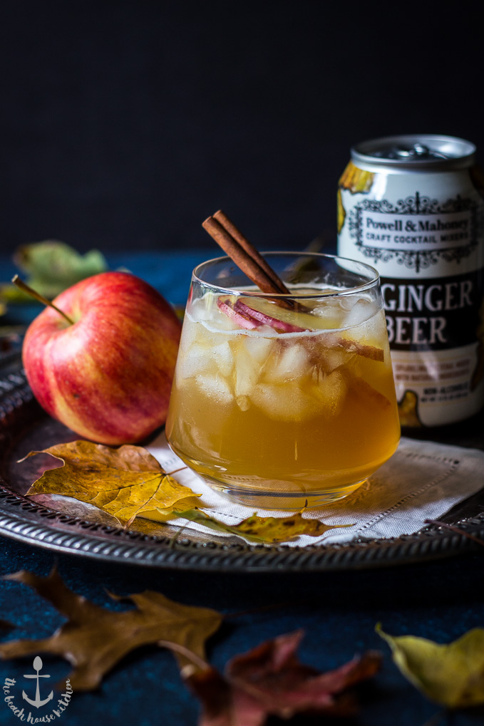 The Fall Dark 'N' Stormy cocktail on a silver tray with an apple and a can of ginger beer.
