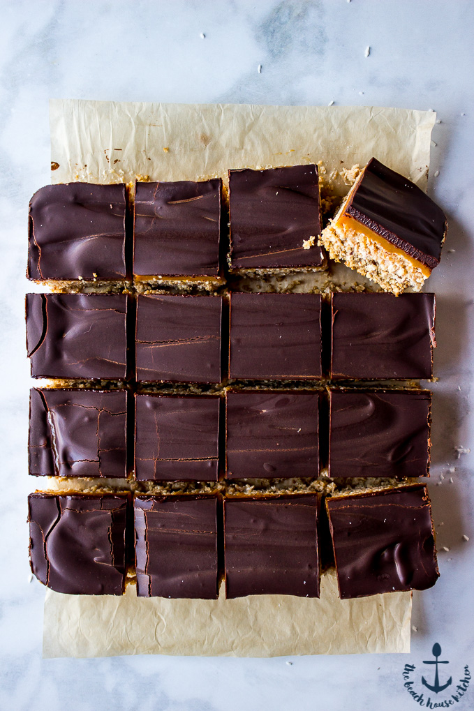 Overhead photo of Gluten-Free Coconut Dream Bars on a marble background