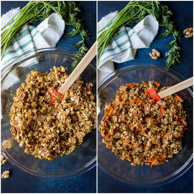 Overhead shots of ingredients for carrot cake granola mixed together.
