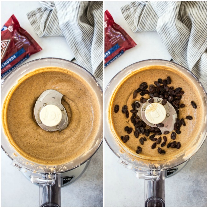 Two side by side photos of almond butter and almond butter with raisins in a food processor.