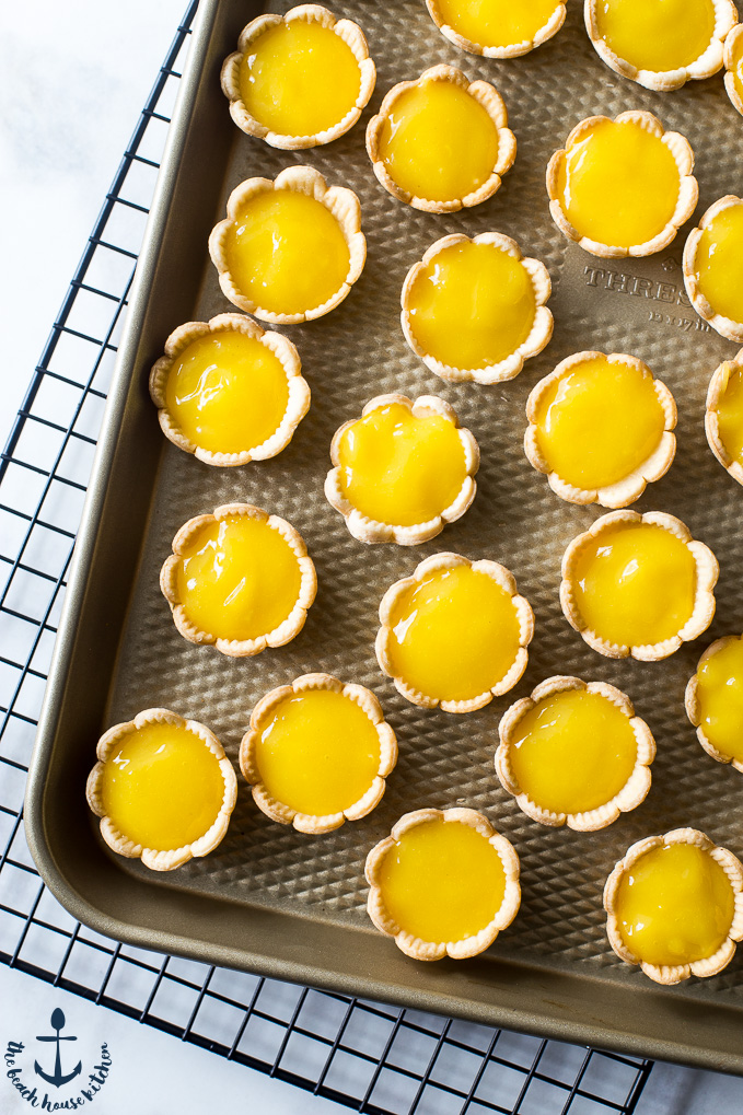 Overhead photo of mini pie shells filled with lemon filling on gold tray on wire rack