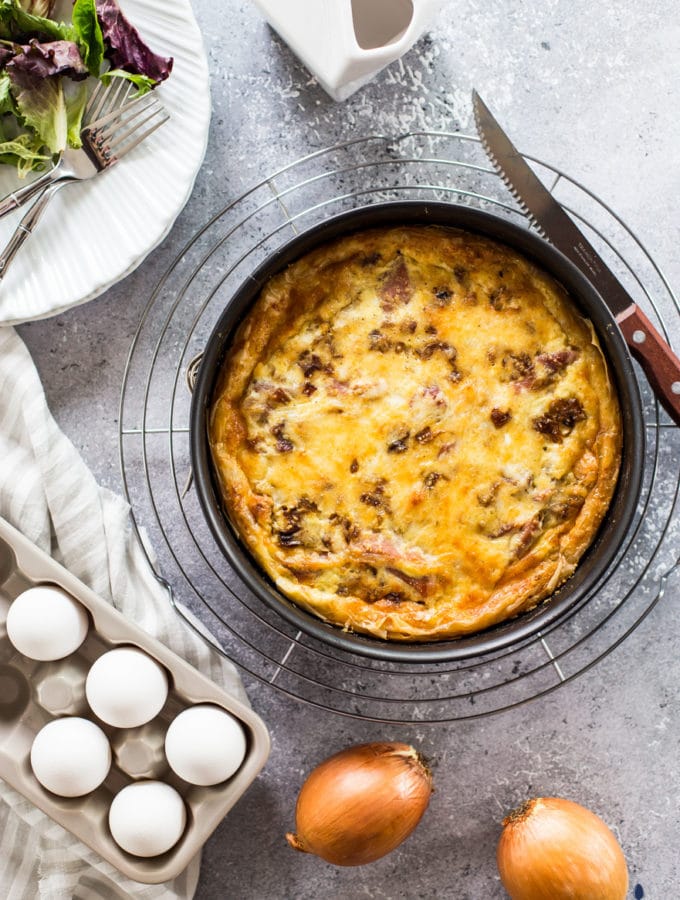 Caramelized Onion and Prosciutto Quiche with Phyllo Crust