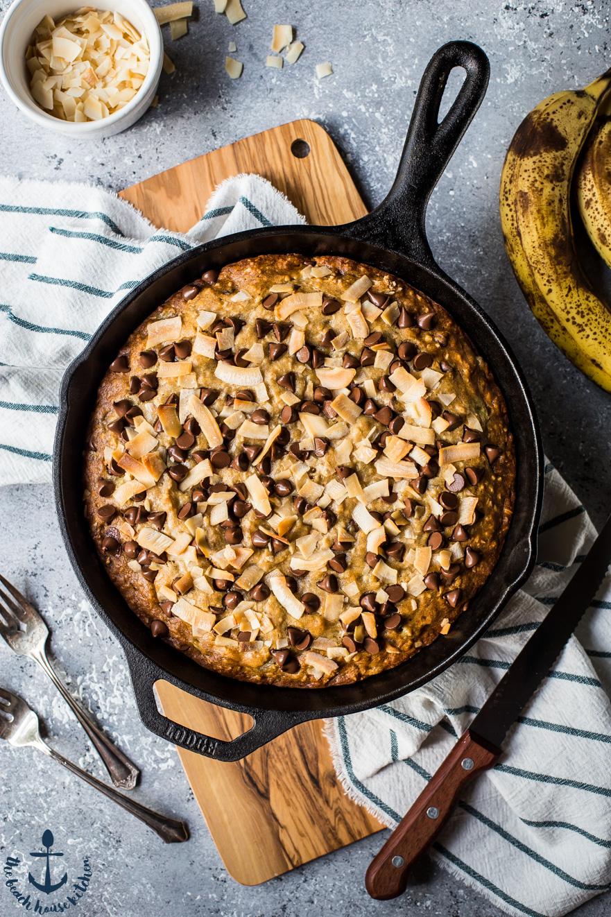 Overhead photo of Coconut Chocolate Chip banana bread in a skillet