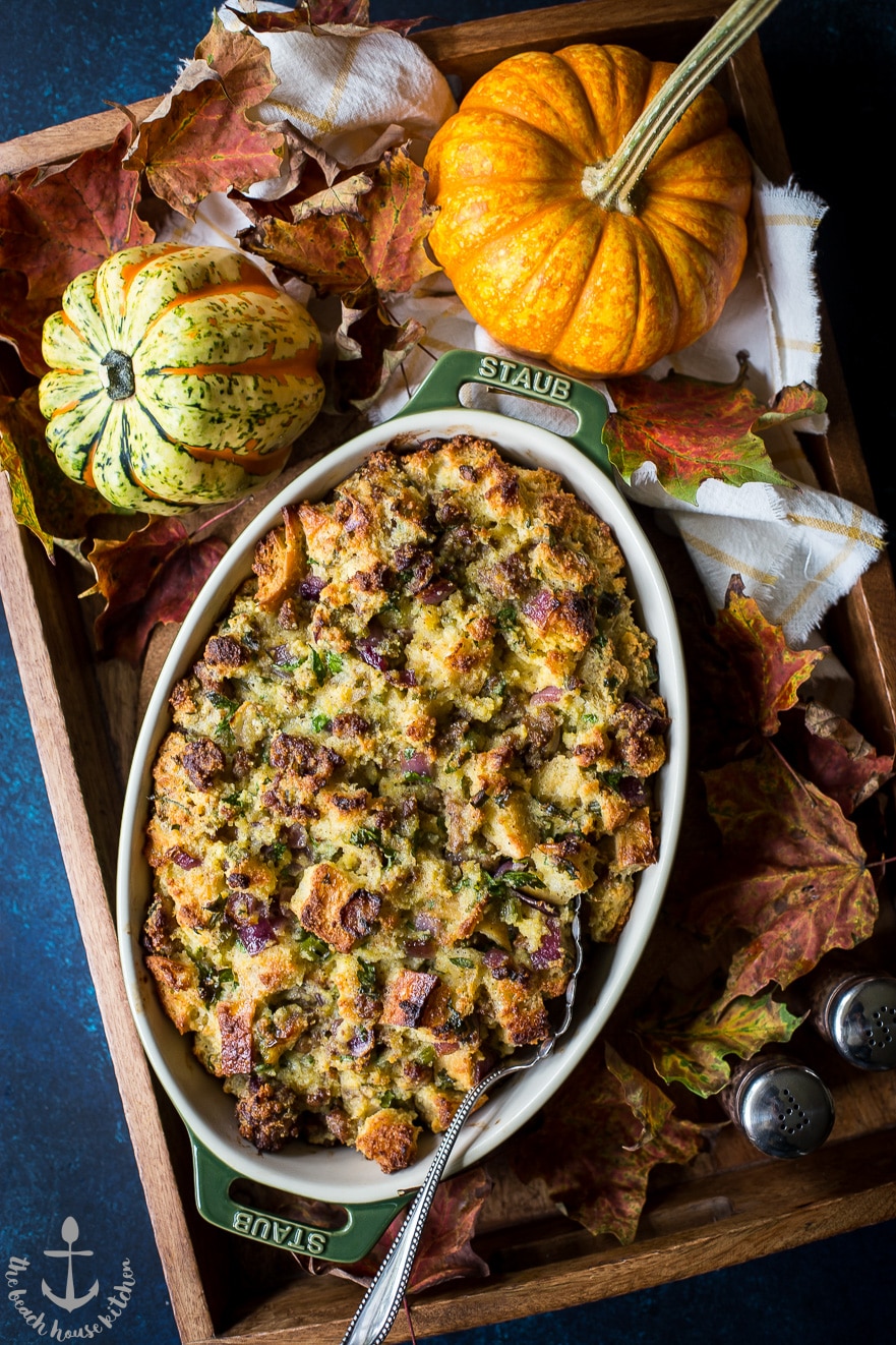 Cornbread and Sourdough Stuffing with Sausage, Red Onion and Fresh Herbs