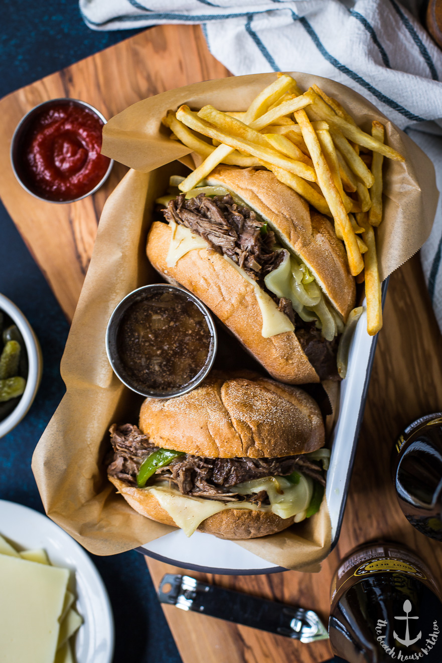 Philly French Dip Sandwiches with Peppers, Onions and Cheese