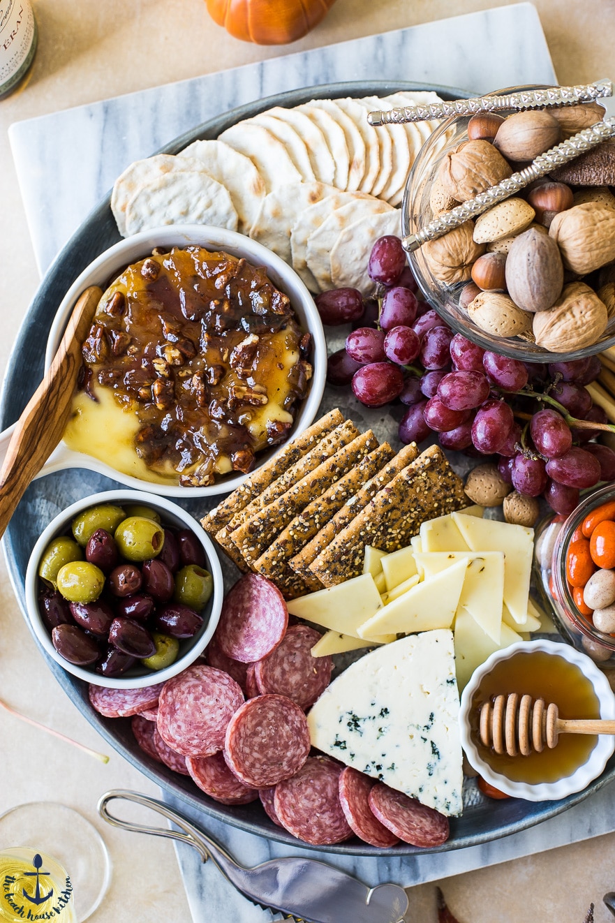 Holiday Cheese Board with Bacon Onion Jam with Glazed Pecans Baked Brie