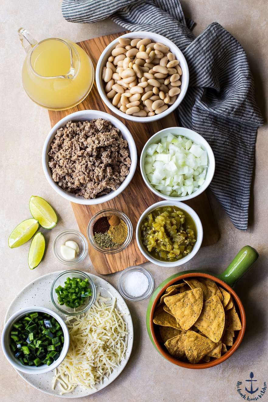 Overhead photo of the ingredients for White Bean Turkey Chili in bowls
