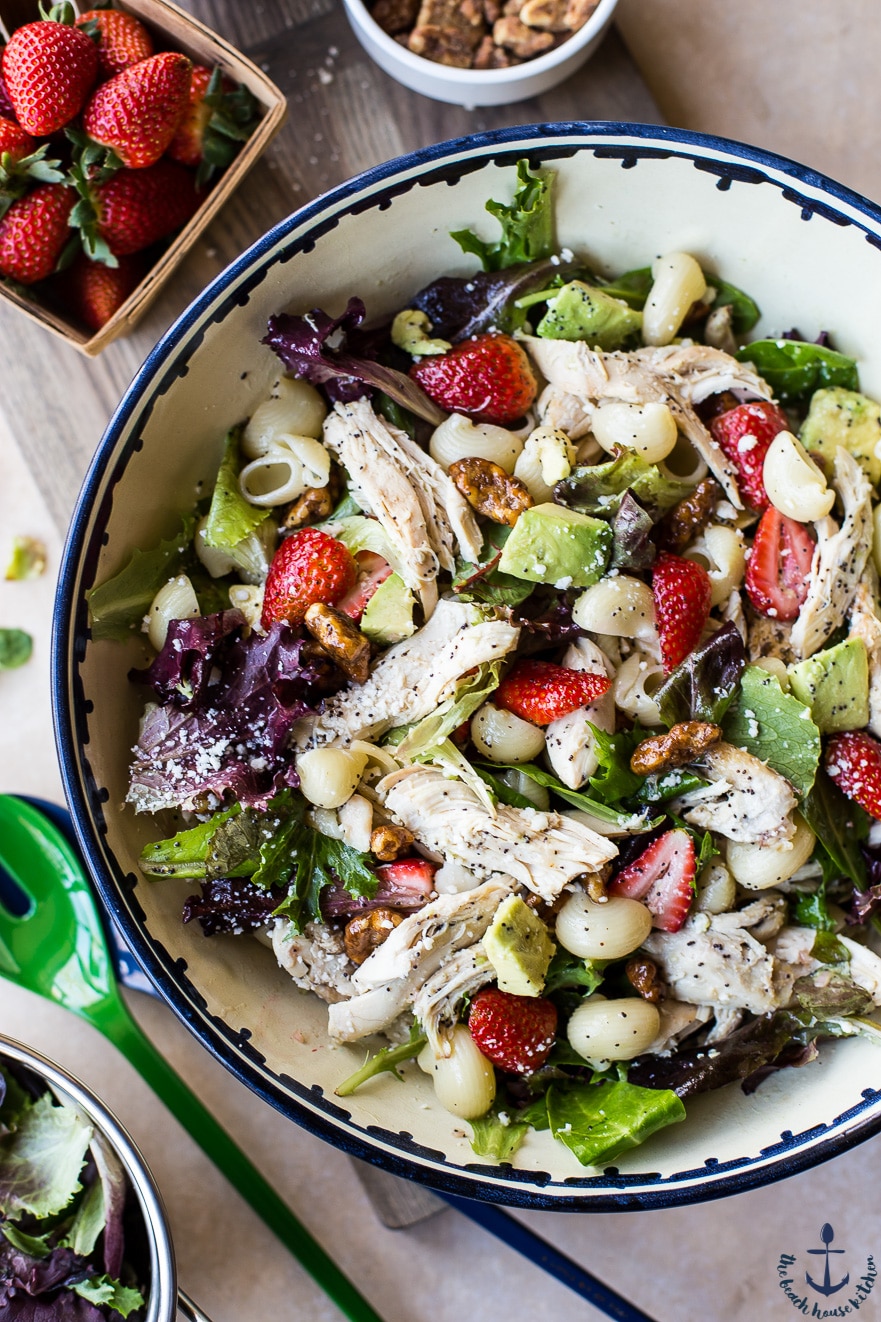 Overhead photo of salad with chicken and strawberries