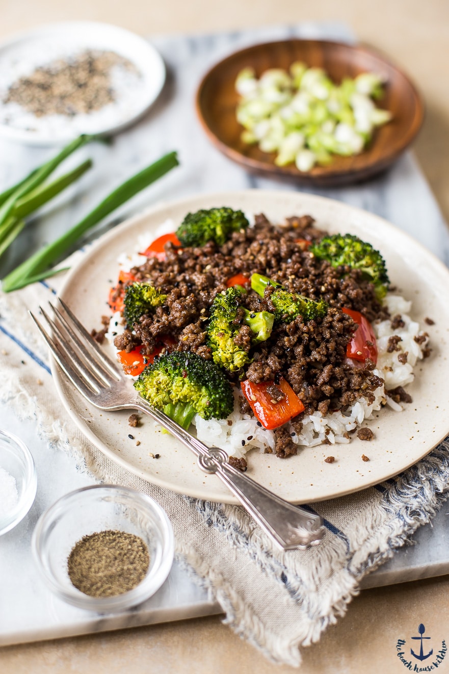 Closeup of one serving of the homemade Korean Ground Beef with Broccoli and Peppers looking extra juicy