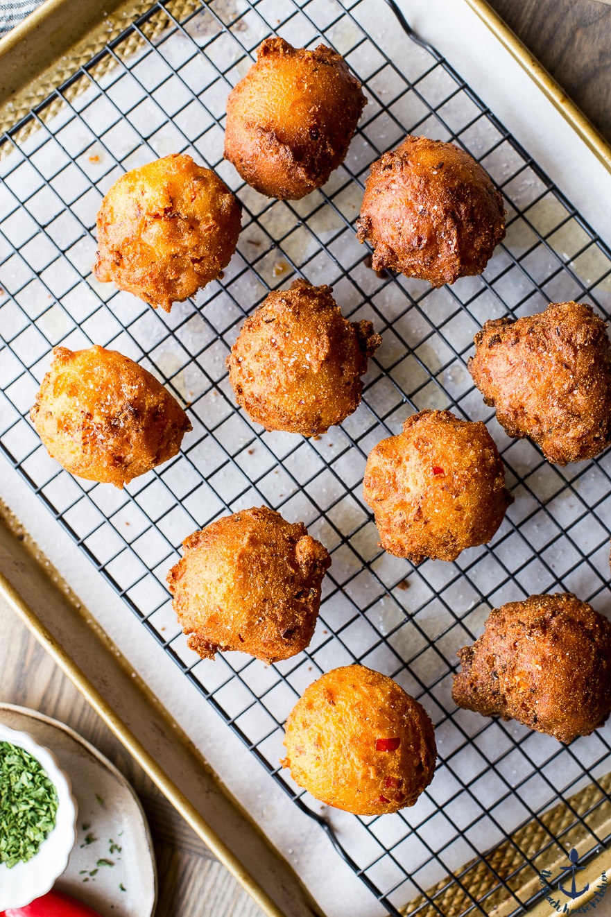 Lobster Hush Puppies on a wire rack