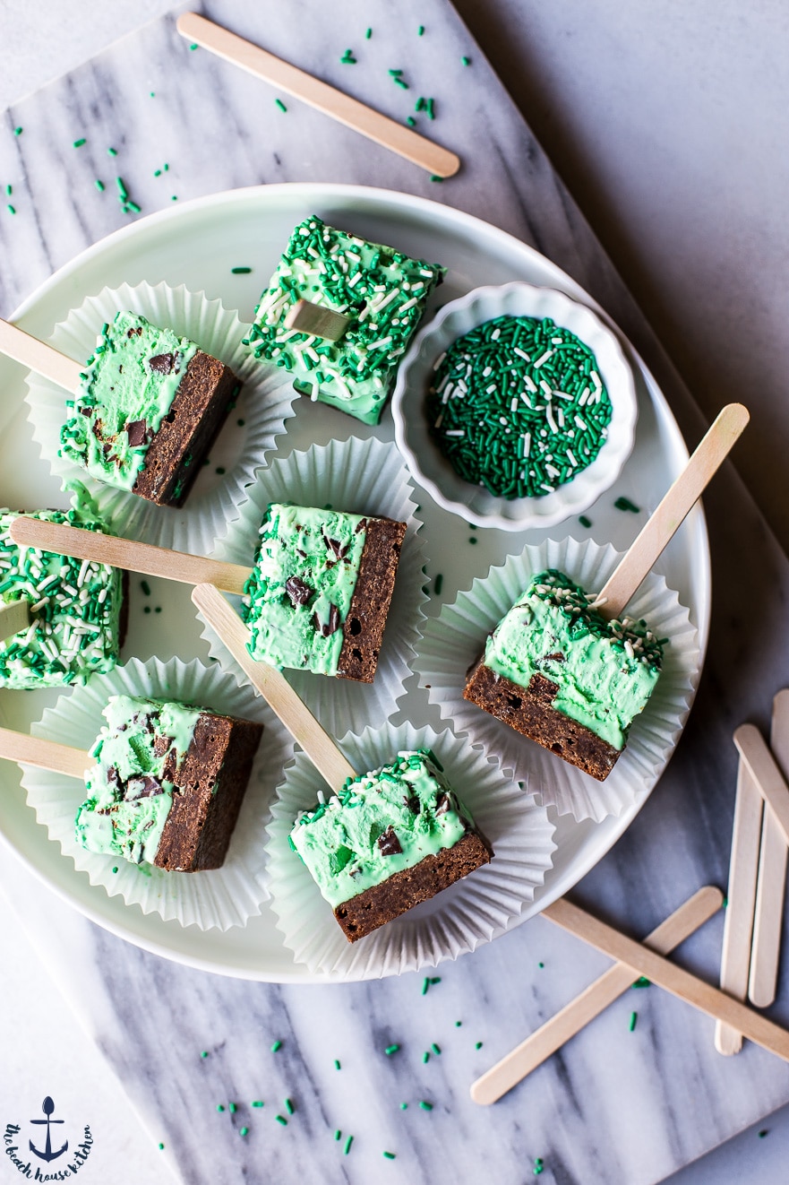 No Churn Mint Chocolate Chip Brownie Popsicles