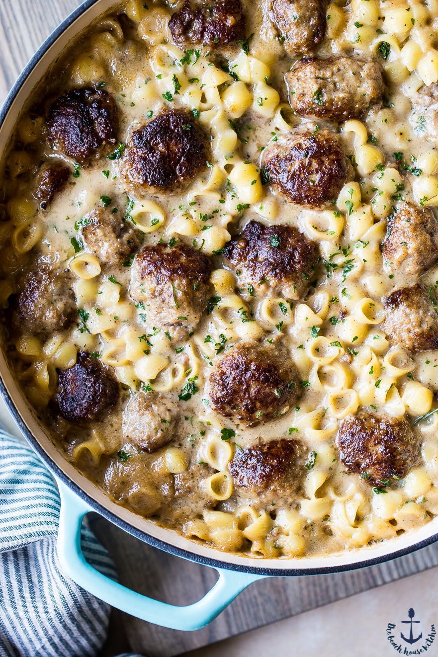 Fantastic Swedish Meatball Pasta Bake ready for a big family and looking extra bright and delicious