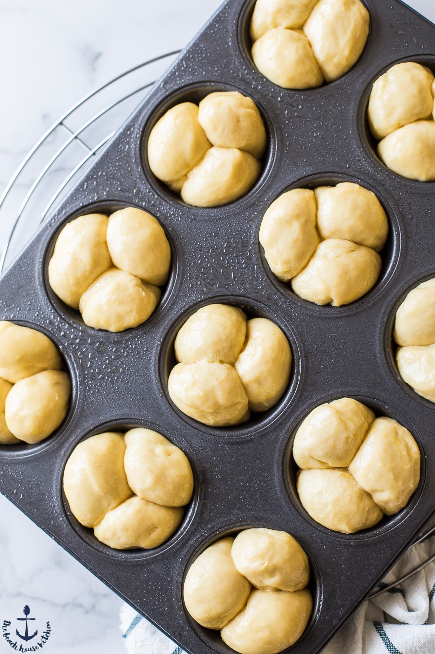 Bubble-Top Brioche Roll dough in a muffin pan