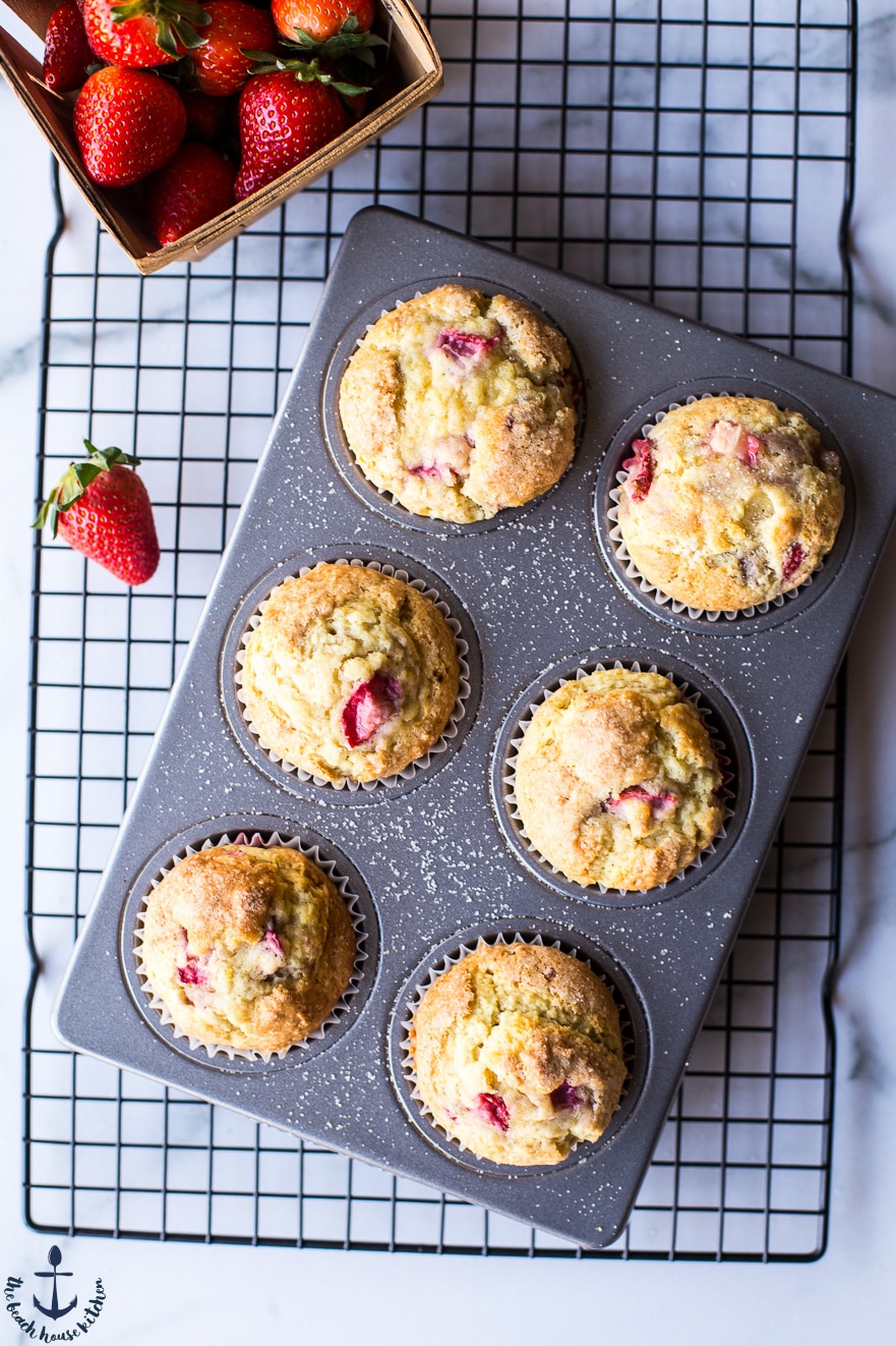 Overhead photo of strawberry lemon muffins in muffin pan
