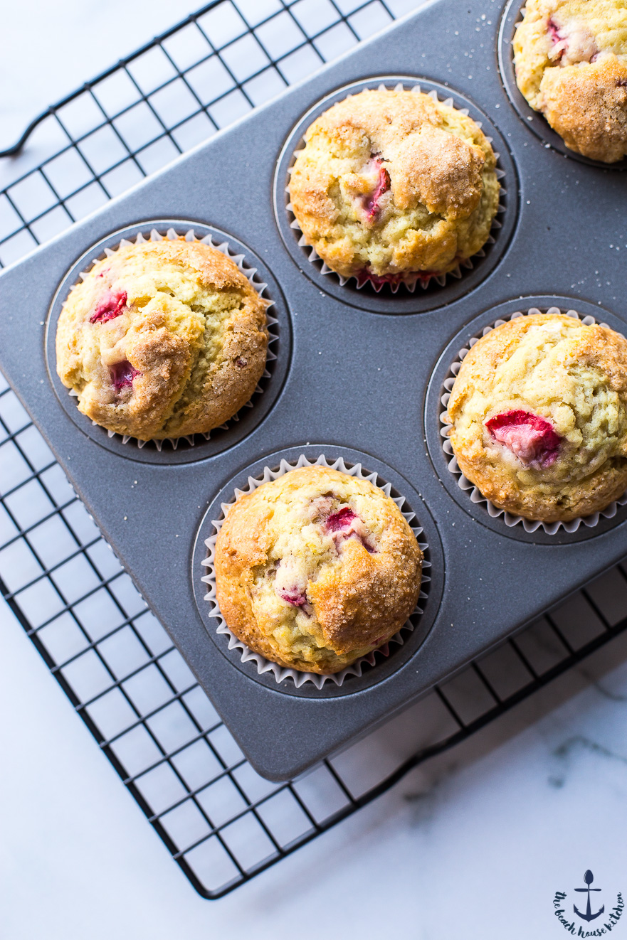 Overhead photo of strawberry lemon muffins in muffin pan