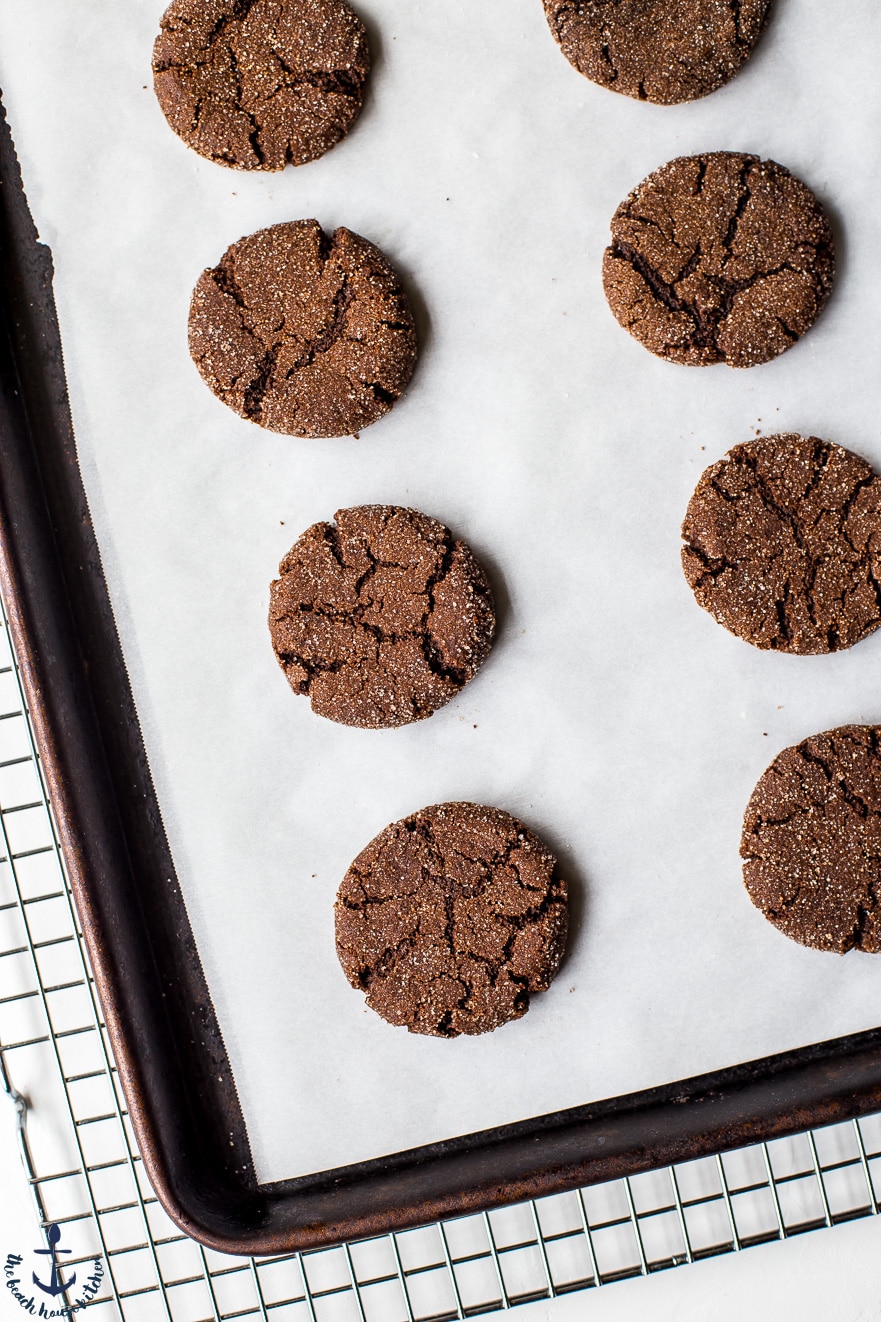 Photo of chocolate cookies on parchment lined baking sheet