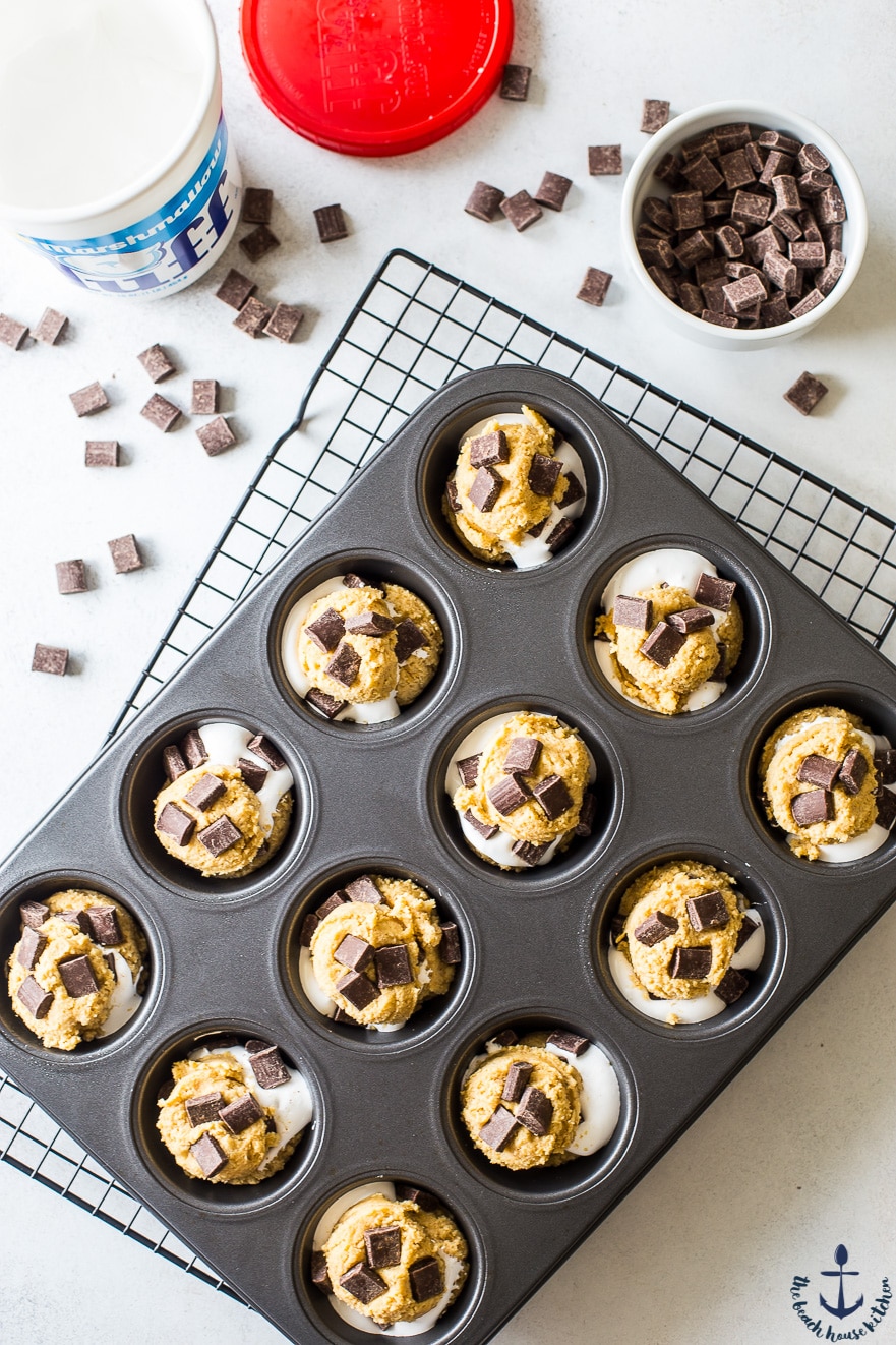 Overhead photo of s'mores cups batter in muffin tin