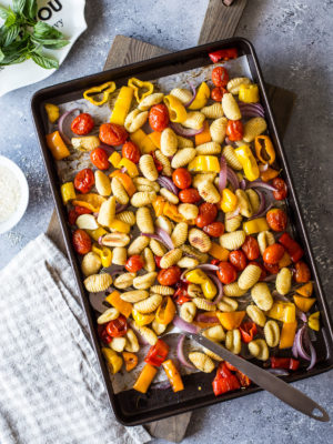 Overhead photo of sheet pan gnocchi and veggies