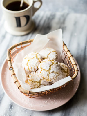 Overhead photo of amaretti cookies in a wire basket