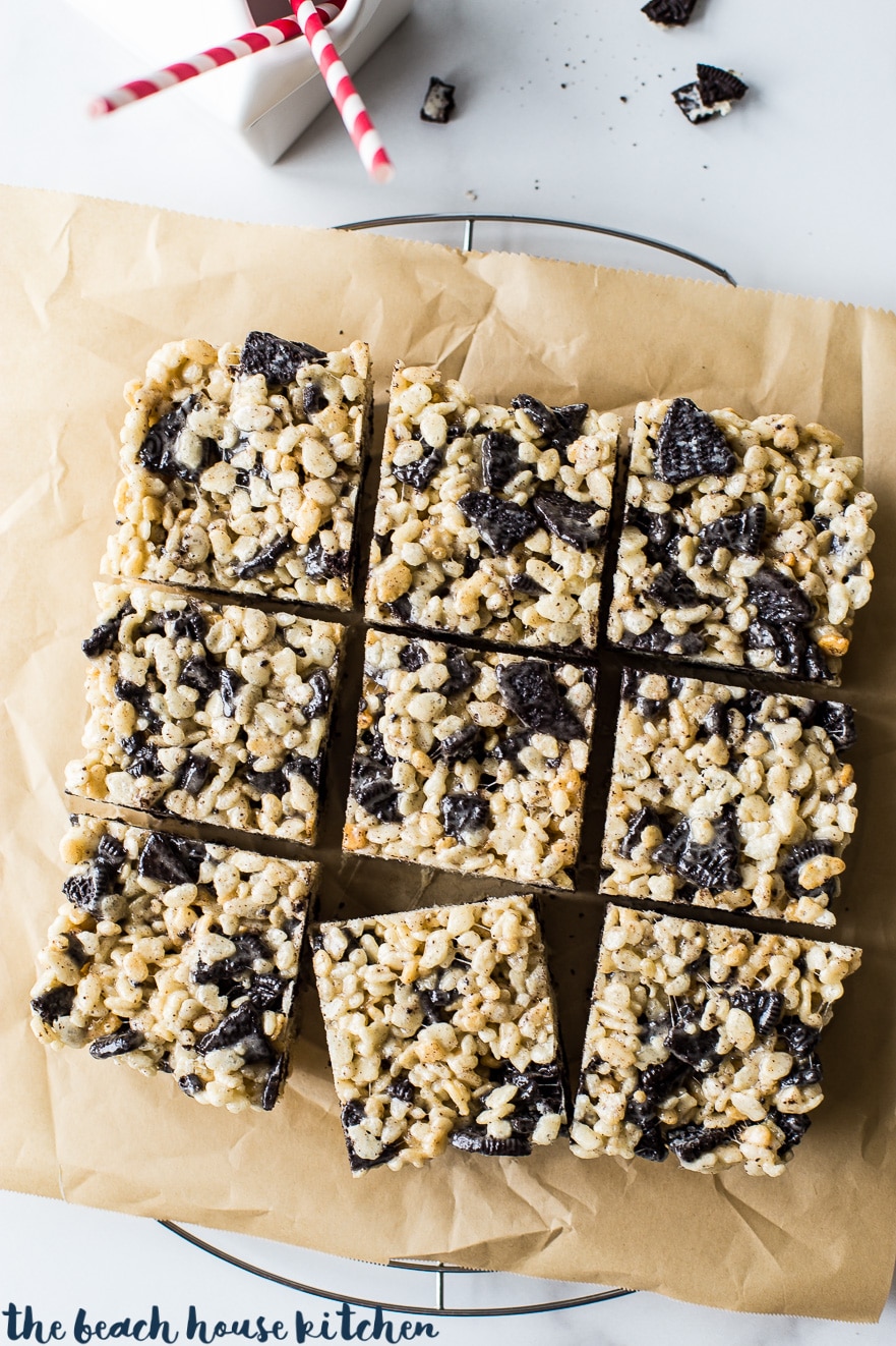 Overhead photo of Oreo rice krispie treats on a piece of brown parchment paper