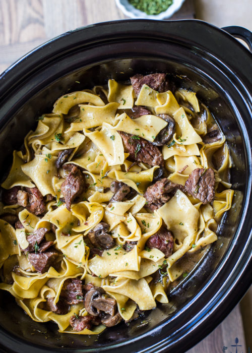 Overhead photo of slow cooker beef and noodles