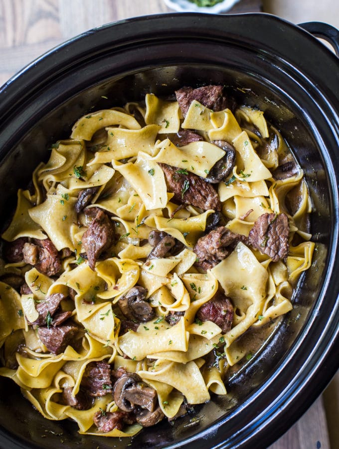 Overhead photo of slow cooker beef and noodles